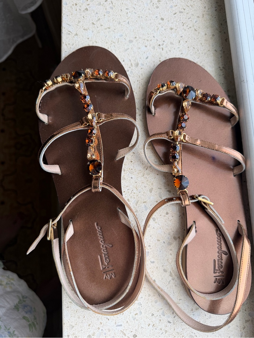 Salvatore Ferragamo Rose Gold and Brown Jeweled T-Strap Sandals